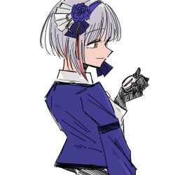 1girl ayu_(ayu_illustrate) black_gloves blue_flower blue_jacket blue_rose closed_mouth collared_shirt compass flower flower_hairband from_behind gloves grey_hair highres holding_compass jacket link!_like!_love_live! love_live! multicolored_hair official_alternate_costume pink_eyes profile red_hair rose shirt short_hair simple_background smile solo streaked_hair upper_body virtual_youtuber white_background white_shirt yugiri_tsuzuri