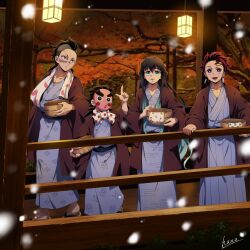 4boys aqua_eyes aqua_hair bath_yukata black_hair blue_kimono bucket earrings egasumi facial_mark facial_scar forehead_mark full_body hana_ni_nare hanafuda_earrings hanten_(clothes) highres holding holding_bucket hyottoko_mask japanese_clothes jewelry kamado_tanjirou kimetsu_no_yaiba kimono kotetsu_(kimetsu_no_yaiba) long_hair male_focus mask mohawk multicolored_hair multiple_boys open_mouth pointing pointing_up red_eyes red_hair sandals scar scar_on_cheek scar_on_face scar_on_nose shinazugawa_genya signature snow snowing striped_clothes striped_kimono tokitou_muichirou towel towel_around_neck tree vertical-striped_clothes vertical-striped_kimono walking wooden_bucket yukata