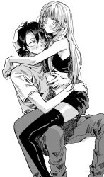 1boy 1girl cuddling funa2001 greyscale hair_down highres long_hair monochrome nanakusa_nazuna_(yofukashi_no_uta) ponytail sanpaku short_shorts shorts sitting sitting_on_lap sitting_on_person thighhighs white_background yamori_kou yofukashi_no_uta