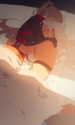 2girls amazuki_jou arms_around_neck arms_around_waist azur_lane bed bikini bikini_top_only black_choker body_markings bodypaint breasts brown_hair choker closed_eyes commentary_request corset couple cuddling dark-skinned_female dark_skin facial_mark forehead_mark gloves high_ponytail highres hug jacket jean_bart_(azur_lane) large_breasts long_hair long_sleeves lying massachusetts_(azur_lane) multiple_girls native_american on_side pillow ponytail red_corset red_gloves sleeping swimsuit unworn_gloves unworn_jacket very_long_hair white_hair wristband yuri