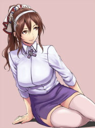 1girl alternate_legwear arm_support ashigara_(kancolle) ashigara_kai_ni_(kancolle) breasts brown_eyes brown_hair closed_mouth collared_shirt commentary_request female_focus grey_background hair_ornament hairband ishii_hisao kantai_collection large_breasts long_hair long_sleeves looking_to_the_side miniskirt pencil_skirt pink_thighhighs ponytail purple_skirt shirt simple_background sitting skirt smile solo thighhighs thighs white_shirt wing_collar yokozuwari zettai_ryouiki