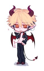 1boy arrow_(symbol) bite_mark black_gloves black_hair black_jacket black_pants blonde_hair chibi chibi_only chinese_commentary chinese_text collarbone cropped_jacket demon demon_boy demon_horns demon_tail demon_wings ear_piercing earrings eyebrow_piercing face_piercing fang fingerless_gloves flying_sweatdrops full_body gloves groin hair_between_eyes hand_on_own_face hand_on_own_hip hand_up hickey highres horns implied_yaoi jacket jewelry long_sleeves male_focus multicolored_hair navel official_alternate_costume open_clothes open_jacket open_mouth orange_eyes pants pectoral_cleavage pectorals piercing pointy_ears pubic_tattoo red_shoes red_wings shiguang_dailiren shoes short_hair shoupolandekongqi simple_background skin_fang solo standing tail tattoo two-tone_hair white_background wings xia_fei