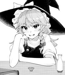 1girl absurdres blush book bow braid choko_(cup) commentary cup greyscale hair_bow hand_on_own_face hat hat_bow highres kirisame_marisa long_hair looking_at_viewer monochrome okeyadeokya open_mouth short_sleeves side_braid single_braid smile solo tokkuri touhou vest witch_hat