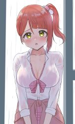 1girl absurdres blunt_bangs blush bow bowtie bra bra_visible_through_clothes breasts cardigan cardigan_around_waist cleavage clothes_around_waist collarbone commentary_request cowboy_shot d: gyaru gyarugasaki hair_bobbles hair_ornament highres kogal large_breasts looking_at_viewer loose_bowtie love_live! love_live!_nijigasaki_high_school_idol_club nose_blush open_mouth orange_hair panaham pink_bow pink_bowtie pink_bra pink_cardigan pink_skirt plaid_bow plaid_bowtie plaid_clothes plaid_skirt rain see-through_clothes short_hair side_ponytail skirt solo swept_bangs uehara_ayumu underwear wet wet_clothes yellow_eyes