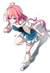 1girl ahoge black_vest blue_ribbon blue_shoes blue_vest closed_mouth commentary_request falling_leaves fighting_stance floating_hair full_body grisaia_(series) grisaia_phantom_trigger hand_up highres ikoma_murasaki kneehighs kuji-in leaf leaning_forward long_hair looking_at_viewer loose_socks low_twintails miniskirt neck_ribbon ninja pink_hair pleated_skirt poteto_furai purple_eyes ribbon scarf shadow shirt shoes short_sleeves simple_background skirt smile sneakers socks solo split_mouth standing standing_on_one_leg twintails two-tone_vest very_long_hair vest white_background white_scarf white_shirt white_skirt white_socks