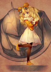 1girl blonde_hair blush bow dress drill_hair female_focus goggles goggles_on_head hair_bow kamitsurugi_ouka long_hair maria_balthasar mecha pantyhose purple_eyes robot seibzehn skirt solo xenogears