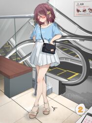 1girl artist_name bag bench blue_shirt blush bracelet cellphone clothes_writing collarbone commentary_request crossed_legs dorsiflexion embarrassed escalator faceless faceless_female flat_chest full_body glasses handbag hands_on_own_hips highres indoors jewelry kakuremino7928 large_variant_set legs miniskirt nail_polish open_mouth original phone pink_nails pleated_skirt public_indecency public_vibrator purple_hair raised_eyebrows red-framed_eyewear remote_control_vibrator revision sandals semi-rimless_eyewear sex_toy shirt shirt_tucked_in short_hair short_sleeves shoulder_bag sidelocks sign signature skirt smartphone solo speech_bubble spoken_blush stairs standing sweat tile_floor tiles toenail_polish toenails translated trembling twitter_username variant_set vibrator vibrator_under_clothes watson_cross white_sandals white_skirt
