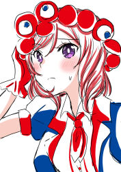 1girl blue_jacket collared_shirt commentary dress_shirt expo2025 frilled_gloves frills gloves harisen_(kaika_sengen) jacket love_live! love_live!_school_idol_project medium_hair myaku-myaku neckerchief nishikino_maki official_alternate_costume open_clothes open_jacket purple_eyes red_gloves red_hair red_neckerchief shirt short-sleeved_jacket short_sleeves simple_background solo symbol-only_commentary upper_body white_background white_shirt