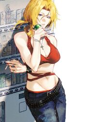1girl absurdres alternate_costume alternate_hairstyle arm_under_breasts bare_shoulders belt black_belt bleach blonde_hair blue_eyes breasts can cigarette cleavage commentary_request cross cross_necklace denim drink_can english_text highres holding holding_can holding_cigarette ihsekodwww jeans jewelry large_breasts looking_at_viewer matsumoto_rangiku navel necklace pants parted_lips red_shirt ring shirt simple_background sleeveless sleeveless_shirt soda_can solo teeth torn_clothes torn_shirt vending_machine white_background