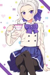 1girl black_pantyhose blazer blue_skirt blush bow bowtie breasts cleaned collared_shirt cover cover_page crossed_legs cup dot_nose female_focus flat_chest grey_hair hair_bow hair_bun hand_on_floor highres hiroyuki jacket kanojo_mo_kanojo kiryuu_shino long_hair long_sleeves looking_at_viewer manga_cover miniskirt official_art open_mouth pantyhose pleated_skirt purple_bow purple_bowtie purple_eyes school_uniform shirt shirt_tucked_in single_hair_bun sitting skirt small_breasts solo solo_focus teacup white_shirt