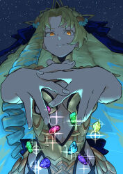 1girl astraea_(fate) astraea_(second_ascension)_(fate) blonde_hair blue_hair blue_ribbon breasts center_opening cleavage drill_hair fate/grand_order fate_(series) gem gold_leotard gradient_hair grin hair_ornament hair_ribbon highleg highleg_leotard highres large_breasts leotard long_hair looking_at_viewer multicolored_hair night night_sky parted_bangs quad_drills ribbon sky smile solo very_long_hair yellow_eyes zakio