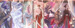 1girl 5boys absurdres air_bubble alcohol aqua_coat arm_guards arms_at_sides asymmetrical_bangs azalea_(flower) bamboo bamboo_print bamboo_slips bare_pectorals bare_shoulders bird black_gloves black_hair black_hanfu black_robe black_sash blue_ribbon blue_sash braid branch brown_eyes brown_hair bubble candle candlestand chin_strap chinese_clothes chinese_commentary closed_mouth coat code:_kite collarbone covering_own_mouth crescent_moon crossdressing cup curtained_hair curtains dao daxiushan expressionless falling_petals feet_out_of_frame finger_to_mouth fish floating_hair flower flying_fish folding_screen from_behind fu_rong_(code:_kite) gloves gold_belt goldfish guan_hat guanglingwang hadanugi_dousa hair_between_eyes hair_flowing_over hair_ribbon hair_tubes hand_fan hanfu head_tilt high_ponytail highres holding holding_cup holding_fan holding_sword holding_weapon index_finger_raised indoors lamp lantern lineup liu_bian_(code:_kite) long_hair long_sleeves looking_ahead looking_at_object looking_at_viewer looking_back looking_to_the_side male_focus mian_guan mole mole_under_eye moon moon_phases multiple_boys multiple_braids nipples off_shoulder open_clothes open_kimono open_robe orange_shawl orb paper_lantern parted_bangs parted_lips partially_fingerless_gloves pectoral_cleavage pectorals petals pink_flower plant ponytail profile purple_eyes purple_hair purple_shawl rain red_coat red_ribbon red_robe reeds reverse_trap ribbon ripples robe sakazuki sash see-through_curtains shawl short_hair shushing sideways_glance single_bare_shoulder sitting sleeves_past_fingers sleeves_past_wrists smile smirk smoke snow234 standing sun_ce_(code:_kite) swallow_(bird) swept_bangs sword toned toned_male tree tuanshan very_long_hair very_short_hair vines wading wavy_hair weapon white_eyes white_flower white_hair white_robe white_sash wide_sleeves xiao_guan_(headdress) yaopei yellow_eyes yuan_ji_(code:_kite) zuo_ci_(code:_kite)