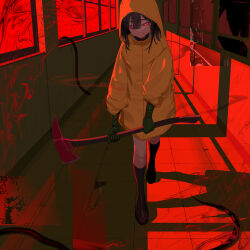 1girl absurdres axe black_boots black_hair boots closed_mouth commentary commission distortion fang full_body gloves glowing glowing_eyes green_gloves hair_between_eyes hallway highres holding holding_axe holding_weapon hood hood_up long_hair long_sleeves looking_at_viewer original pink_eyes raincoat red_light signal_1120 skeb_commission skin_fang smile snake solo standing walking weapon window_shadow yellow_raincoat
