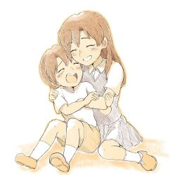 1boy 1girl aged_down behind_another brother_and_sister child closed_eyes collared_shirt full_body grin happy hug hug_from_behind idolmaster idolmaster_(classic) kisaragi_chihaya kisaragi_yuu_(idolmaster) long_hair monochrome open_mouth shirt shoes short_hair short_sleeves shorts siblings simple_background sitting skirt smile socks sweater_vest t-shirt teeth tsubobot upper_teeth_only white_background