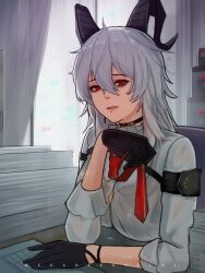 1girl armband artist_name black_armband black_choker black_gloves black_horns button_gap chest_harness choker commentary curled_horns english_commentary gloves grey_hair hair_between_eyes harness highres horns indoors looking_at_viewer medium_hair meganesanechi multicolored_hair necktie paper_stack parted_lips red_eyes red_necktie shirt sitting solo streaked_hair white_shirt wuthering_waves zani_(wuthering_waves)
