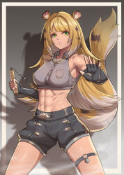 Rule 34 | 1girl, abs, absurdres, aged up, animal ears, arm up, armpits, bare shoulders, black hair, black shorts, blonde hair, breast pocket, breasts, buttons, collared shirt, cropped shirt, elbow gloves, fighting stance, fingerless gloves, fluffydus, gloves, green eyes, grey shirt, highres, holding, holding nunchaku, holding weapon, jewelry, ju fufu, legs apart, long hair, long tail, looking at viewer, medium breasts, midriff, multicolored hair, navel, nunchaku, parted lips, pendant, pocket, shirt, shorts, sleeveless, sleeveless shirt, solo, standing, stomach, tail, taut clothes, taut shirt, tiger ears, tiger girl, tiger tail, toned, toned female, very long hair, weapon, white hair, wing collar, zenless zone zero