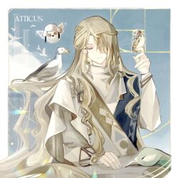 1boy 6_(reverse:1999) ancient_greek_clothes bird bird_on_hand blonde_hair blue_background blue_eyes border character_name cloud golden_spiral greco-roman_clothes hair_over_one_eye half-closed_eyes hand_up highres himation klepon long_hair long_sleeves looking_down male_focus one_eye_closed reverse:1999 solo tit_(bird) upper_body very_long_hair white_border