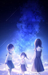3girls ^_^ absurdres amenomori_howa artist_name black_dress black_hair black_sailor_collar black_skirt braid closed_eyes cloud collared_shirt commentary_request cumulonimbus_cloud dress facing_another flower hair_flower hair_ornament highres long_sleeves low_twintails medium_hair multiple_girls neck_ribbon night night_sky open_mouth original outdoors pinafore_dress pleated_skirt ribbon sailor_collar school_uniform serafuku shirt shooting_star short_hair_with_long_locks side_ponytail skirt sky sleeveless sleeveless_dress smile socks standing star_(sky) starry_sky twin_braids twintails white_shirt white_socks