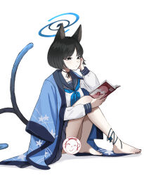 1girl animal_ears barefoot black_eyes black_hair black_sailor_collar black_skirt blue_archive blue_neckerchief book cat_ears cat_girl cat_tail censored character_censor closed_mouth commentary_request doodle_sensei_(blue_archive) halo highres holding holding_book kikyou_(blue_archive) multiple_tails neckerchief novelty_censor open_book pleated_skirt pornography sailor_collar sensei_(blue_archive) shadow shirt short_hair simple_background skirt solo tail two_tails white_background white_shirt ysoa26