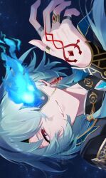 1boy 1jyou absurdres anaxa_(honkai:_star_rail) aqua_eyes eyepatch grin hand_tattoo highres honkai:_star_rail honkai_(series) looking_at_viewer medium_hair one_eye_covered red_tattoo sideways smile solo tattoo teeth upper_body