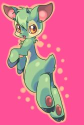 Rule 34 | animal focus, choko (sweetpocket), commentary, creature, creature focus, fang, full body, goat, goat horns, green fur, hooves, horns, ixi (neopets), neopet (creature), neopets, no humans, open mouth, orange eyes, orange outline, outline, pawpads, pink background, simple background, solo, tail