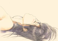 1girl absurdres bbmasa black_hair blush closed_eyes collarbone commentary_request hibike!_euphonium highres liz_to_aoi_tori long_hair lying nude on_back open_mouth orange_background profile simple_background solo traditional_media upper_body yoroizuka_mizore