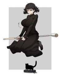 Rule 34 | 1girl, absurdres, black cat, black hair, black skirt, black sweater, blunt bangs, breasts, broom, broom riding, cat, goumonsha, highres, kurokirishima yui (goumonsha), large breasts, lint roller, long skirt, long sleeves, original, pantyhose, purple eyes, robotic vacuum cleaner, short hair, skirt, sleeves past wrists, sweater