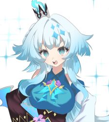 1girl asymmetrical_sleeves blue_dress blue_eyes blue_hair breasts cerydra_(honkai:_star_rail) crown detached_sleeves dress hashtag-only_commentary highres honkai:_star_rail honkai_(series) large_breasts mini_crown mismatched_sleeves nanihiko1123 open_mouth simple_background solo teeth upper_body upper_teeth_only white_background