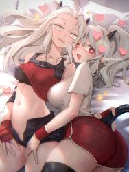 2girls ass bed breasts demon_girl demon_horns demon_tail dolphin_shorts groin heart heart-shaped_pupils helltaker horns huge_ass huge_breasts justice_(helltaker) looking_at_viewer modeus_(helltaker) multiple_girls navel no_panties noah_(tettsui-sole) open_fly open_mouth red_eyes shirt shorts smile symbol-shaped_pupils tail undressing white_eyes white_hair white_shirt