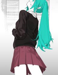 1girl aqua_hair brown_sweater commentary cowboy_shot english_commentary eyes_out_of_frame gauze gauze_on_cheek hatsune_miku head_out_of_frame highres long_hair long_sleeves looking_up pale_skin parted_lips raneblu red_skirt rolling_girl_(vocaloid) shirt sideways_mouth skirt solo standing sweater twintails vocaloid white_shirt