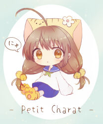1girl ahoge animal_hat brown_eyes brown_hair cat_hat character_name di_gi_charat full_body hair_between_eyes hat highres long_hair long_sleeves looking_at_viewer low_twintails open_mouth puchiko sailor_collar school_uniform serafuku shirt sitting sleeves_past_wrists solo speech_bubble suzukkyu translation_request triangle_mouth twintails very_long_hair white_shirt