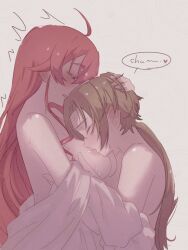 Rule 34 | 1boy, 1girl, blush, breast sucking, breasts, brown hair, commentary request, couple, eris greyrat, highres, husband and wife, large breasts, long hair, mushoku tensei, ne ko ko, nipples, red hair, rudeus greyrat, simple background