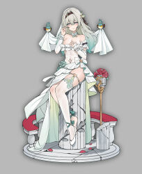 1girl absurdres alternate_costume bad_source bare_shoulders bird blue_eyes breasts cleavage closed_mouth detached_sleeves dress firefly_(honkai:_star_rail) flower full_body gradient_eyes green_hair green_pupils grey_background grey_eyes grey_hair hair_between_eyes hairband highres honkai:_star_rail honkai_(series) long_hair looking_at_viewer multicolored_eyes navel petals rose simple_background sitting smile solo thighhighs veil wedding_dress white_dress white_thighhighs yellow_eyes yinse_yaoji