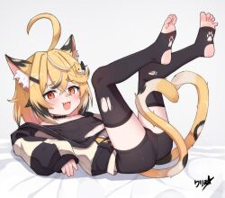 1girl :3 animal_ear_fluff animal_ears bandaid bandaid_on_face bandaid_on_nose bike_shorts black_hair black_shirt black_shorts blonde_hair boppin breasts cameltoe cat_ears cat_girl cat_hair_ornament cat_tail commentary covered_erect_nipples cropped_shirt fang full_body hair_ornament hairclip highres jacket legs_up loli long_sleeves looking_at_viewer multicolored_hair multiple_tails nekomata no_shoes open_mouth original paid_reward_available paw_print_soles puffy_long_sleeves puffy_sleeves red_eyes shirt short_hair short_shorts shorts sleeves_past_wrists small_breasts solo stirrup_legwear streaked_hair tail thighhighs toeless_legwear torn_clothes torn_thighhighs two_tails