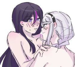 blush breasts cleavage eva_(hundred_line) highres kirifuji_nozomi looking_at_another multicolored_hair multiple_girls nude pink_hair purple_eyes purple_hair simple_background smile the_hundred_line_-last_defense_academy- topless_female white_background white_hair yuri