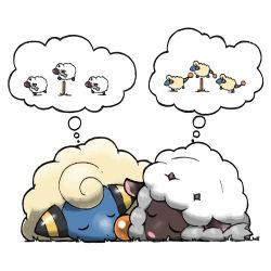 animal_focus blacknirrow closed_eyes counting_sheep dreaming fence gen_2_pokemon gen_8_pokemon mareep nintendo no_humans pokemon pokemon_(creature) pokemon_focus sheep simple_background sleeping speech_bubble thought_bubble white_background wooloo