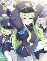 3girls absurdres aoba_(blue_archive) armband black_hat black_shoes black_tail blonde_hair blue_archive blue_armband blush bow buttons cabbie_hat double-breasted dress_shirt earrings fang fluffy_hair gloves green_hair green_halo halo hat highres hikari_(blue_archive) jewelry long_hair long_sleeves mikumiku37 multiple_girls nozomi_(blue_archive) open_mouth pantyhose peaked_cap pointy_ears red_eyes shirt shoes siblings sidelocks sitting skin_fang smile sparkle sweatdrop tail train_conductor train_interior twins white_gloves yellow_bow