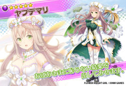 1girl black_footwear braid breasts brown_hair character_name cleavage closed_mouth copyright_name detached_sleeves dmm floral_background flower flower_knight_girl full_body green_eyes green_skirt hat hat_flower large_breasts long_hair looking_at_viewer multiple_views name_connection ninnzinn object_namesake official_art open_mouth pinstripe_pattern projected_inset robe shawl shoes skirt smile standing star_(symbol) striped thigh_strap thighhighs white_headwear white_robe white_thighhighs yabudemari_(flower_knight_girl) zettai_ryouiki