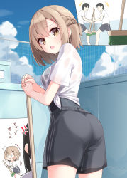 +++ 0_0 2boys 2girls :d ^^^ ass black_hair black_one-piece_swimsuit black_shorts blush braid breasts broom brown_eyes brown_hair commentary_request day empty_pool faceless faceless_male hair_between_eyes hair_ornament hairclip highres holding holding_broom medium_breasts multiple_boys multiple_girls ominaeshi_(takenoko) one-piece_swimsuit open_mouth original outdoors pool see-through_clothes shirt short_shorts shorts smile sweat swimsuit swimsuit_under_clothes tied_shirt translated white_shirt
