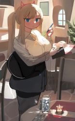1girl animal_ears black_pants blonde_hair blue_eyes blush breasts candle closed_mouth collared_shirt fake_animal_ears fork glass hairband highres holding holding_notebook indoors knife large_breasts long_sleeves looking_at_viewer notebook original pants ryusei_hashida salt_shaker shirt solo twintails waitress white_shirt wing_collar