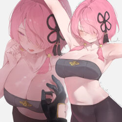 1boy 1girl ^^^ alternate_costume armpits arms_up averting_eyes bandeau black_gloves black_pantyhose black_ribbon blunt_tresses blush breasts cleavage closed_eyes closed_mouth collarbone commentary gloves grey_tube_top hair_ornament hair_over_one_eye hair_ribbon highres large_breasts looking_to_the_side male_rover_(wuthering_waves) multiple_views navel pantyhose pink_eyes pink_hair pov pov_hands projected_inset ribbon rover_(wuthering_waves) short_hair short_hair_with_long_locks simple_background strapless stretching taoqi_(wuthering_waves) trembling tube_top white_background wuthering_waves xaea_xp