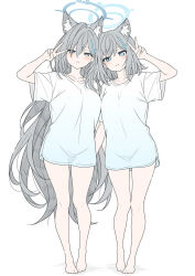 2girls alternate_costume animal_ear_fluff animal_ears barefoot blue_archive blue_eyes blush closed_mouth cross_hair_ornament grey_hair hair_between_eyes hair_ornament highres long_bangs long_hair looking_at_viewer multicolored_shirt multiple_girls no_pants shiroko_(blue_archive) shiroko_terror_(blue_archive) shirt sidelocks t1kosewad v white_shirt wolf_ears wolf_girl