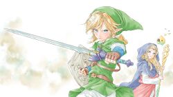 1boy 1girl absurdres belt blonde_hair blue_cloak blue_eyes brown_gloves circlet cloak closed_mouth commentary_request eyelashes gloves green_hat green_tunic hat highres holding holding_shield holding_staff holding_sword holding_weapon hood hooded_cloak link long_hair looking_at_viewer master_sword momo_oddeye nintendo open_mouth parted_bangs pointy_ears princess_zelda shield smile staff standing sword the_legend_of_zelda the_legend_of_zelda:_echoes_of_wisdom tri_(zelda) tunic v-shaped_eyebrows wavy_hair weapon