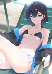 1girl ahoge bare_shoulders beach beach_umbrella bikini black_bikini black_hair black_jacket blue_hair blue_nails breasts chair clothes_down cohi27151463 collarbone commentary_request double-parted_bangs drinking_straw earrings grey_eyes half_updo indie_virtual_youtuber jacket jewelry light_blush lips looking_at_viewer lounge_chair microskirt mole mole_under_eye navel necklace open_clothes open_jacket pleated_skirt reclining short_hair skirt small_breasts solo stomach swimsuit umbrella virtual_youtuber white_skirt yubari_rei