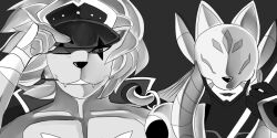 Rule 34 | 1boy, 1girl, armor, bancholeomon, digimon, digimon (creature), fox mask, long hair, mask, sakuyamon, yin yang