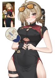 1girl absurdres ahoge bernardo_(ggpa8423) black_dress black_gloves blonde_hair blush breasts china_dress chinese_clothes closed_mouth clothing_cutout commentary covered_navel cowboy_shot dress english_commentary eyewear_on_head fingerless_gloves game_screenshot_inset gloves hair_over_one_eye hand_fan highres holding holding_fan large_breasts looking_at_viewer orange-tinted_eyewear purple_eyes short_hair simple_background single_fingerless_glove skindentation smile solo thighs tinted_eyewear underboob underboob_cutout white_background yum_cha_sin_shopkeeper zenless_zone_zero