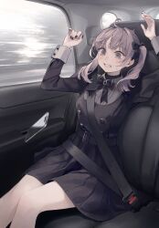 1girl absurdres arms_up belt black_belt black_bow black_bowtie black_dress black_gemstone black_nails bow bowtie buttons car_interior cellphone clenched_teeth collared_shirt commentary dress feet_out_of_frame gem grey_hair grey_shirt hair_bow highres looking_at_object medium_hair motion_lines original phone seatbelt shirt sitting sleeve_cuffs smartphone solo sugai_(4ugaii) teeth twintails