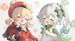 2girls :d ^_^ backpack bag bare_shoulders blonde_hair blush brown_bag brown_gloves closed_eyes commentary_request detached_sleeves dress genshin_impact gloves gold_trim gradient_hair green_hair green_sleeves hair_between_eyes hair_ornament hat highres klee_(genshin_impact) leaf_hair_ornament long_hair multicolored_hair multiple_girls nahida_(genshin_impact) newsboy_cap open_mouth pointy_ears randoseru red_dress red_hat side_ponytail signature simple_background sleeveless sleeveless_dress smile twitter_username unouto white_background white_dress white_hair