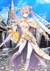 1girl armor armored_gloves bare_shoulders blue_eyes blue_sky boots breasts britomart_(fate) britomart_(second_ascension)_(fate) capelet cleavage cleavage_cutout closed_mouth clothing_cutout cloud collar dagger detached_sleeves double_bun fate/grand_order fate_(series) floating_hair foot_out_of_frame game_cg gloves hair_bun hair_ornament hairband holding holding_behind_back holding_sword holding_weapon holding_weapon_behind_back impossible_clothes knife large_breasts leg_up linea_alba long_hair long_pointy_ears looking_at_viewer matsuryuu navel official_art outstretched_arm pants plunging_neckline pointy_ears purple_hair revealing_clothes reverse_grip sheath sheathed showgirl_skirt sidelocks skirt sky smile solo sword third-party_source twintails underboob variant_set very_long_hair weapon white_armor white_boots white_capelet white_collar white_gloves white_hairband white_pants white_skirt white_sleeves