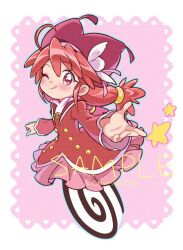 1girl ;q ahoge blush buttons commission fine_(futagohime) full_body fushigiboshi_no_futago_hime fushigiboshi_no_futago_hime_gyu gold_buttons hair_between_eyes hat hat_ornament highres jacket lace_background long_hair long_sleeves looking_at_viewer low_twintails one_eye_closed open_hand outstretched_arms outstretched_hand pink_skirt pleated_skirt pom_pom_(clothes) pom_pom_hat_ornament reaching reaching_towards_viewer red_eyes red_hair red_hat red_jacket royal_wonder_academy_school_uniform sample_watermark school_uniform skirt smile solo star_(symbol) star_symbol_background suzuki_(2red_moon3) tongue tongue_out twintails watermark wheel_o_feet white_background wide_sleeves